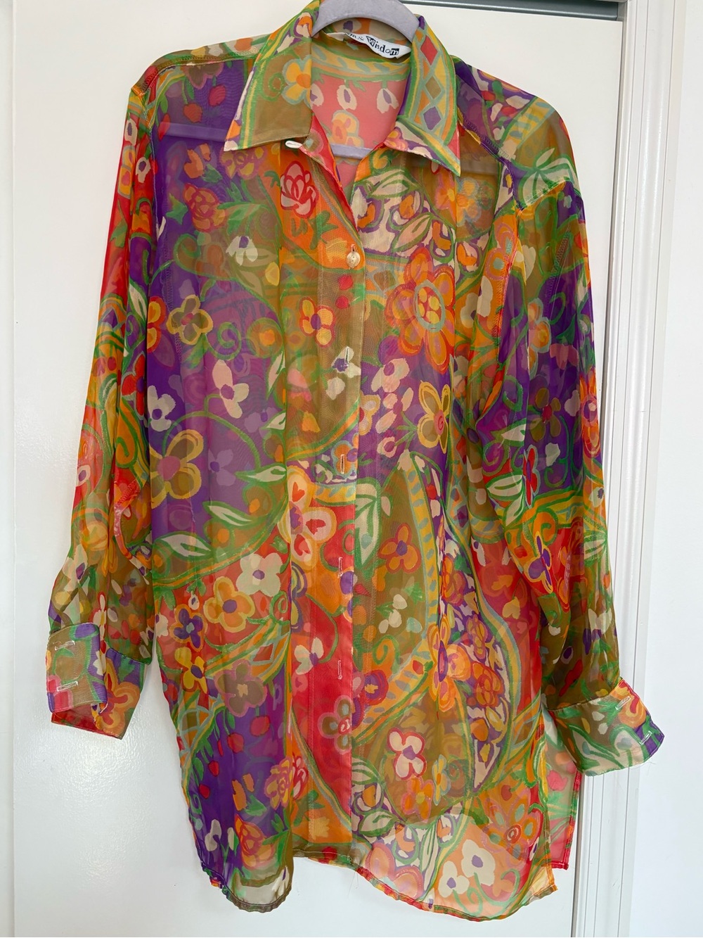 Vintage Wit & Wisdom Sheer Floral Psychedelic Button Front Blouse Top - Retro